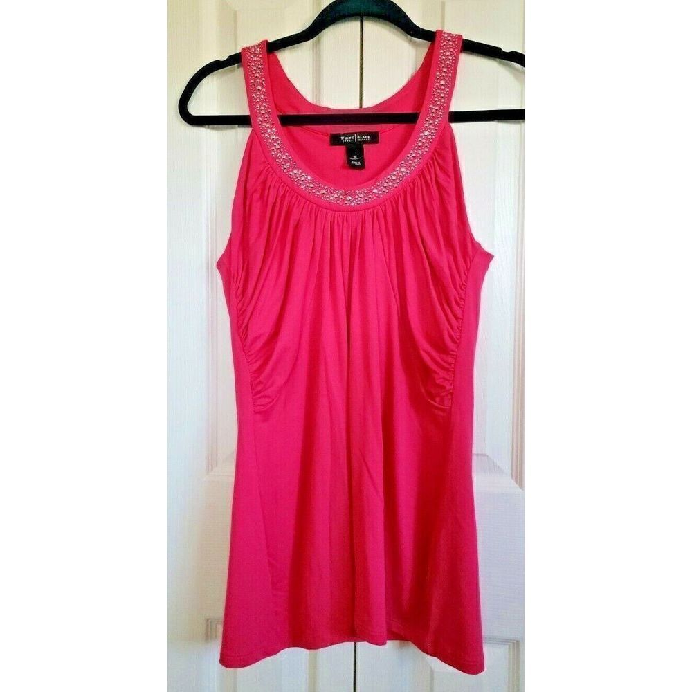 White House Black Market Med Top Dark Pink Bead Embellish Tank Stretch Rusched
